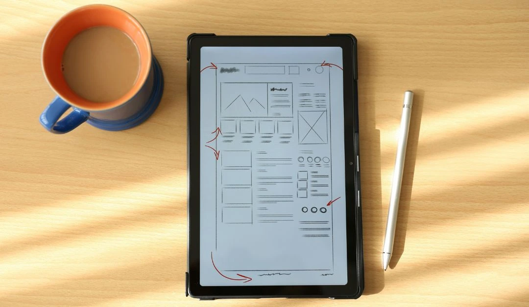 Designer mapping user interface screens with digital tools enhanced by AI, reflecting modern UI design in Nashville.