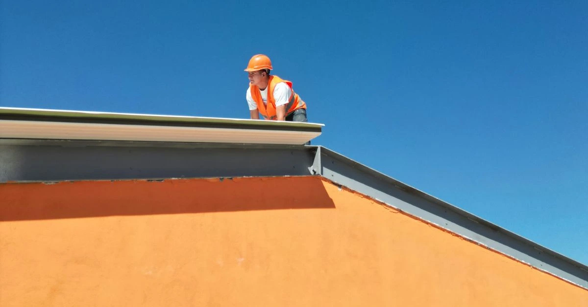 Roofer in safety gear working on a bright orange building under clear blue skies in Nashville, TN.